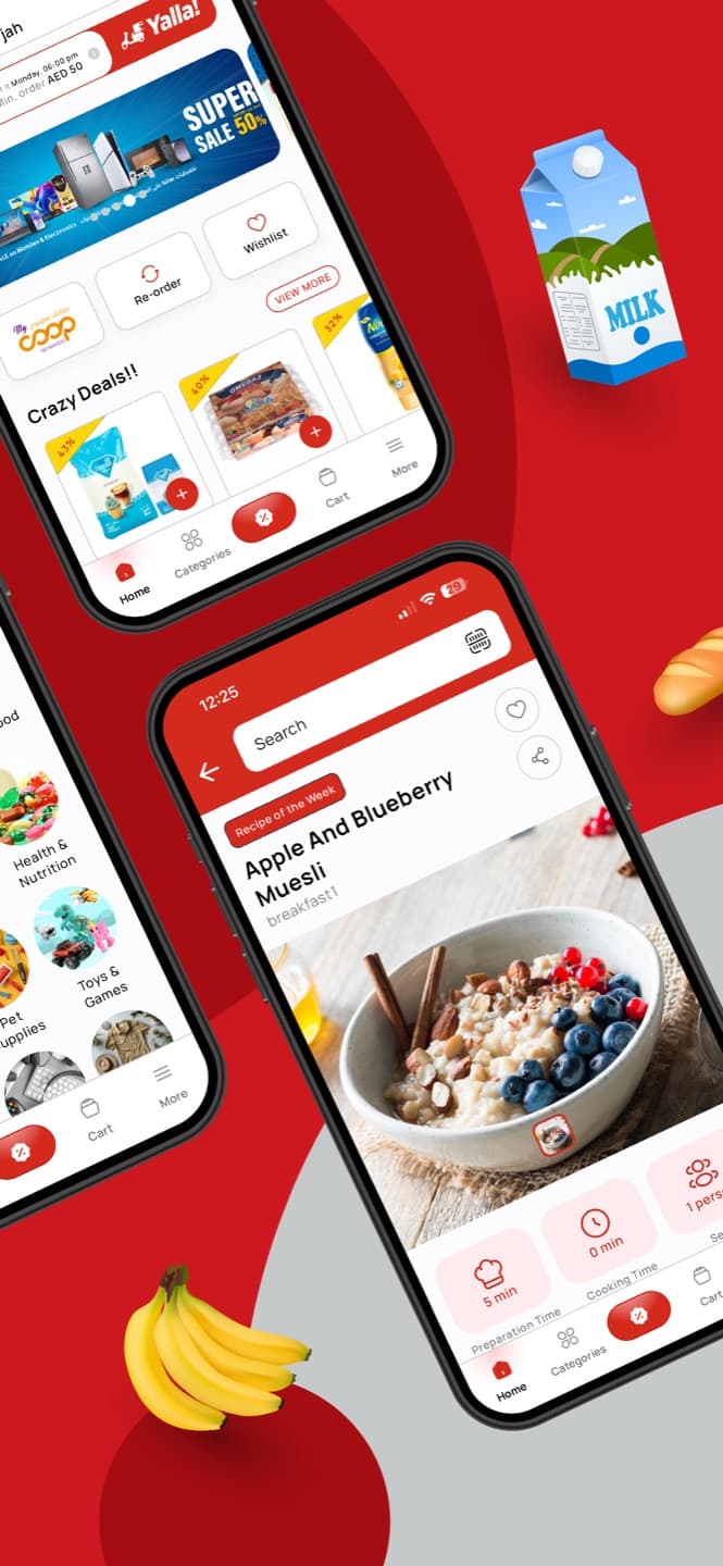 Sharjah Coop listing frame: three phones showing a super sale banner, the home screen and a product detail page, surrounded by groceries