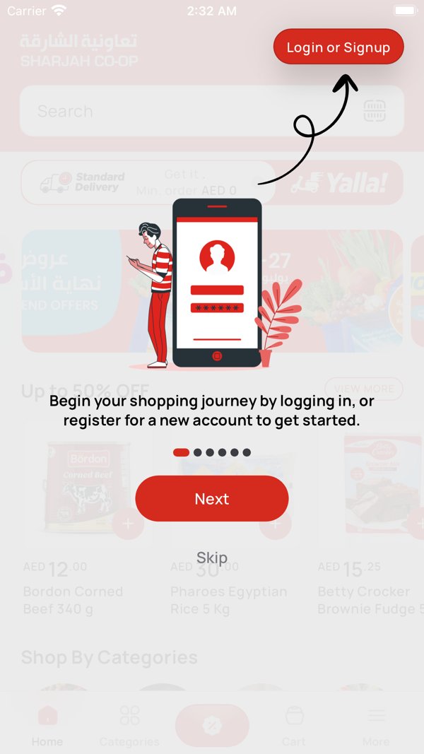 Sharjah Co-op app store screenshot: home and product browsing